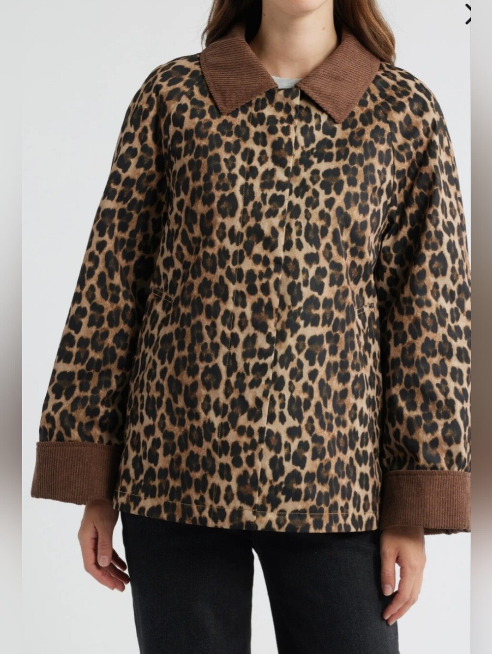 Sam Edelman Leopard Print Corduroy Trim Barn Jacket Coat Brown Tan Quilted M - Picture 5 of 13